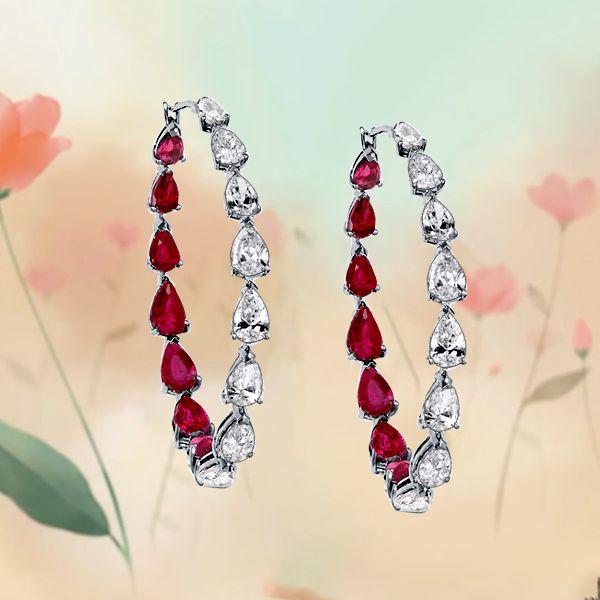 Pear Cut Ruby Inside-Out Hoop Earrings - Sterling Silver