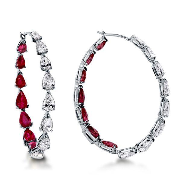 Pear Cut Ruby Inside-Out Hoop Earrings - Sterling Silver