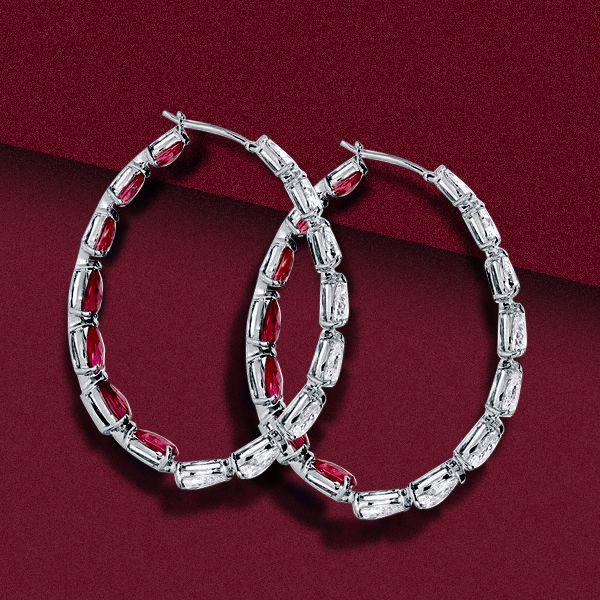 Pear Cut Ruby Inside-Out Hoop Earrings - Sterling Silver