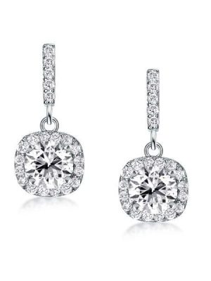 Classic Halo Round Cut Drop Earrings in Rhodium Plated 925 Sterling Silver