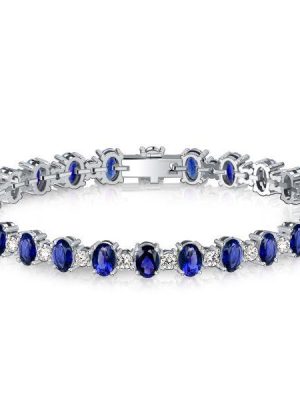 Blue Sapphire Tennis Bracelet - Oval Cut, Sterling Silver - Perfect for Weddings