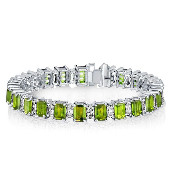 Peridot & White Emerald Cut Tennis Bracelet in Sterling Silver (6-9 Inches)