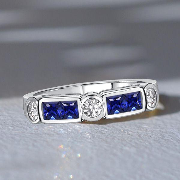 Princess Cut Blue Sapphire Ring - 925 Sterling Silver Vintage Style Band