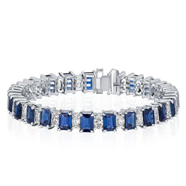 Blue & White Sapphire Alternating Sterling Silver Tennis Bracelet - 6, 7, 8, 9 inches