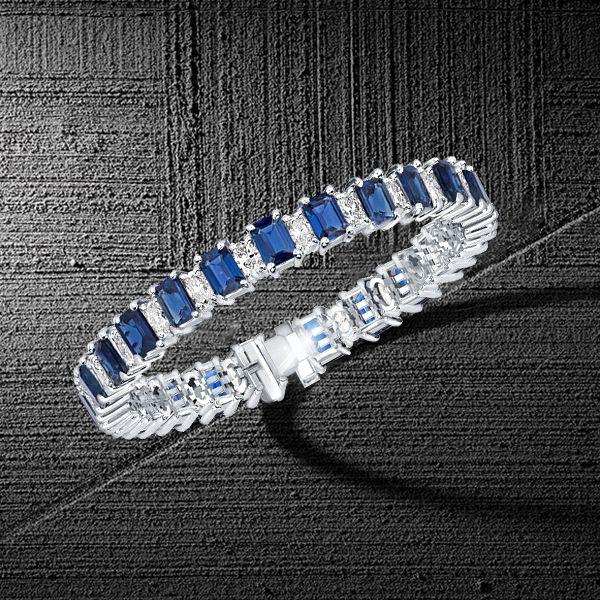 Blue & White Sapphire Alternating Sterling Silver Tennis Bracelet - 6, 7, 8, 9 inches