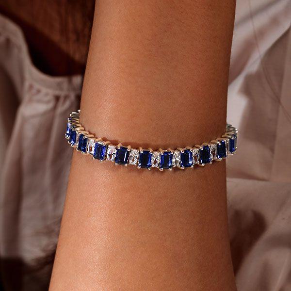 Blue & White Sapphire Alternating Sterling Silver Tennis Bracelet - 6, 7, 8, 9 inches
