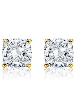 Cushion Cut Golden Stud Earrings - 18K Gold Plated Sterling Silver, 2.0 CT