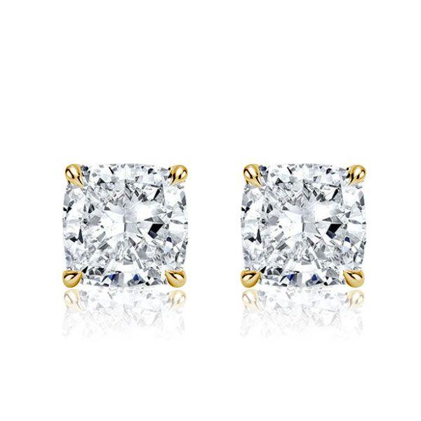 Cushion Cut Golden Stud Earrings - 18K Gold Plated Sterling Silver, 2.0 CT