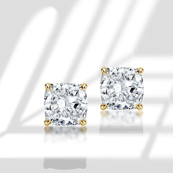 Cushion Cut Golden Stud Earrings - 18K Gold Plated Sterling Silver, 2.0 CT