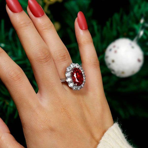 Halo Oval Garnet Engagement Ring - Sterling Silver