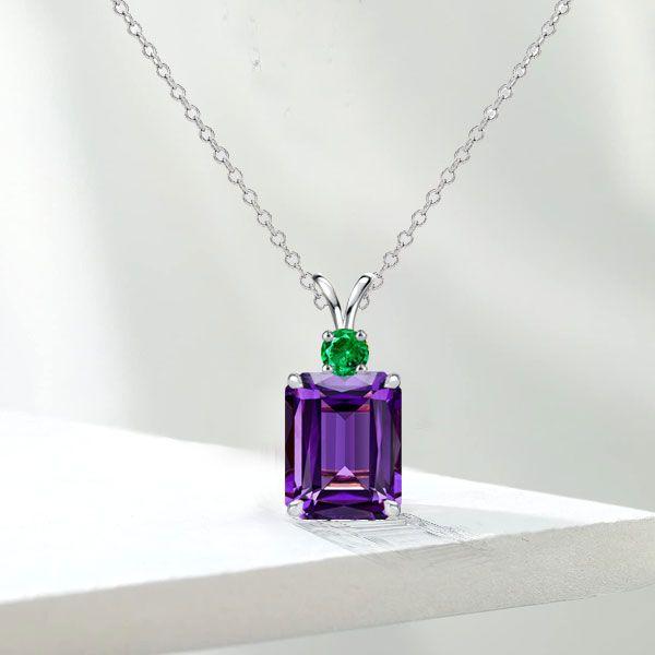 Sterling Silver Amethyst Emerald Cut Pendant Necklace - 16-22 Inch Chain
