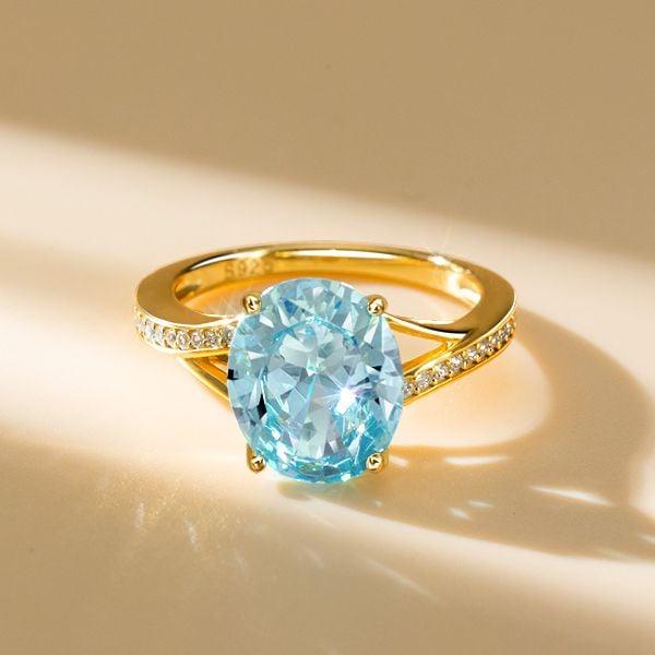 Bypass Oval Aquamarine Engagement Ring in 18K Gold Plated Sterling Silver
