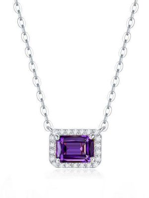 Emerald Cut Amethyst Halo Pendant Necklace - Sterling Silver, Gold & Rose Gold Options