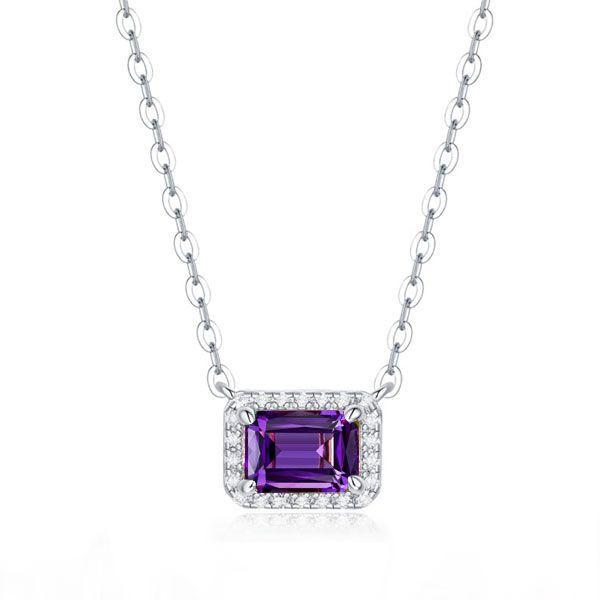 Emerald Cut Amethyst Halo Pendant Necklace - Sterling Silver, Gold & Rose Gold Options