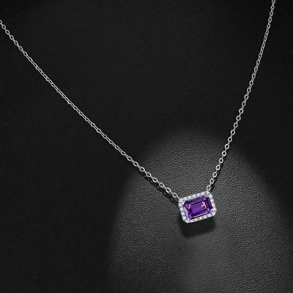 Emerald Cut Amethyst Halo Pendant Necklace - Sterling Silver, Gold & Rose Gold Options