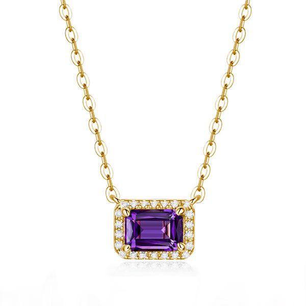 Emerald Cut Amethyst Halo Pendant Necklace - Sterling Silver, Gold & Rose Gold Options