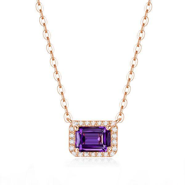 Emerald Cut Amethyst Halo Pendant Necklace - Sterling Silver, Gold & Rose Gold Options