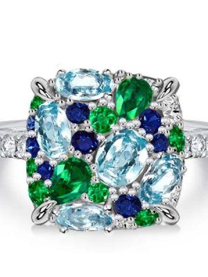 Micro Pave Aquamarine & Multi-Color CZ Sterling Silver Ring - Wedding Band