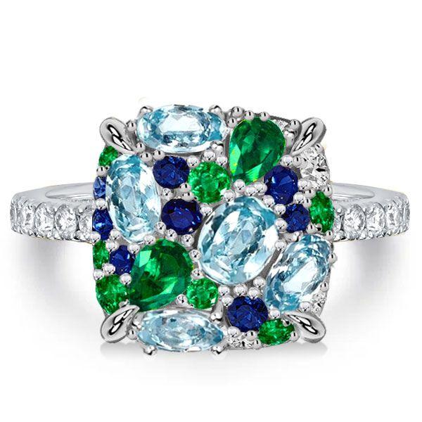 Micro Pave Aquamarine & Multi-Color CZ Sterling Silver Ring - Wedding Band