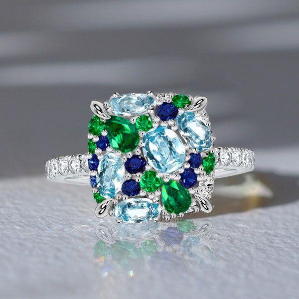 Micro Pave Aquamarine & Multi-Color CZ Sterling Silver Ring - Wedding Band