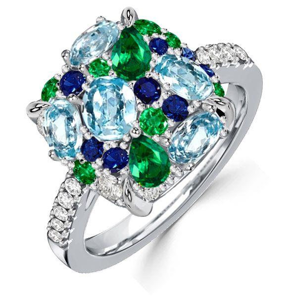 Micro Pave Aquamarine & Multi-Color CZ Sterling Silver Ring - Wedding Band