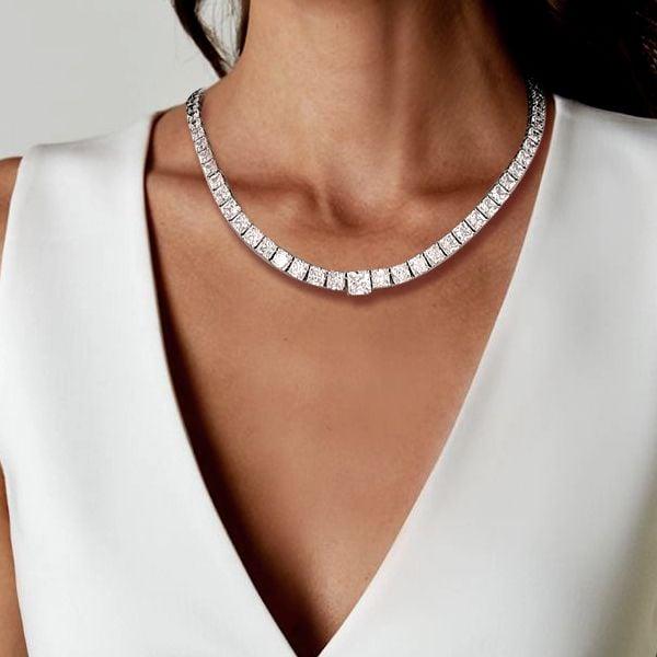 Classic Princess Cut Tennis Necklace in Rhodium-Plated Sterling Silver