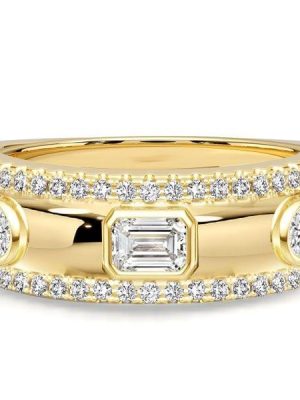 18K Gold Plated Sterling Silver Emerald & Round Cut Half Eternity Band Ring (1.04 CT. TW.)
