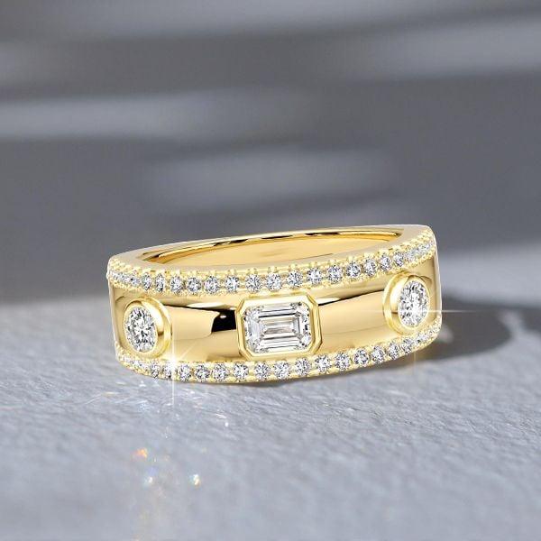 18K Gold Plated Sterling Silver Emerald & Round Cut Half Eternity Band Ring (1.04 CT. TW.)