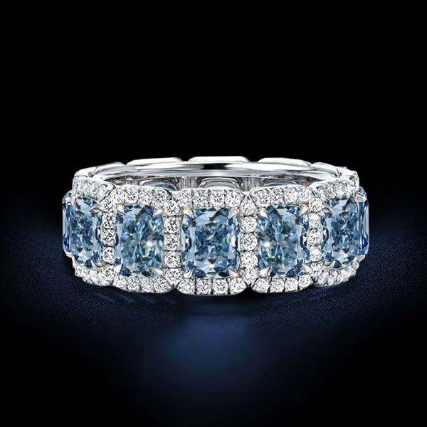 Blue Topaz Eternity Band Ring - Cushion Cut - 925 Sterling Silver