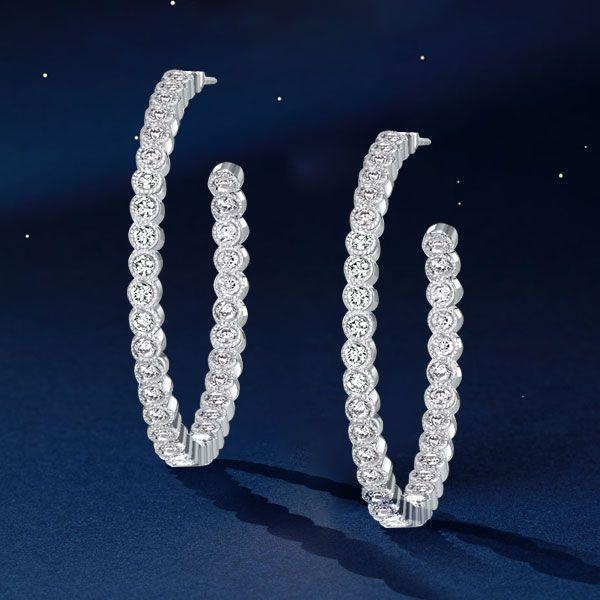 White Sapphire Hoop Earrings - Sterling Silver Milgrain Bezel Set - 5 Carat Total Weight