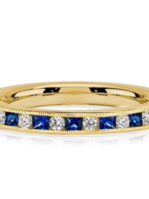 Princess Cut Blue & White Simulated Diamond Milgrain Half Eternity Band in 18K Gold Plated Sterling Silver