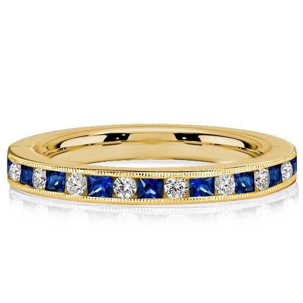 Princess Cut Blue & White Simulated Diamond Milgrain Half Eternity Band in 18K Gold Plated Sterling Silver