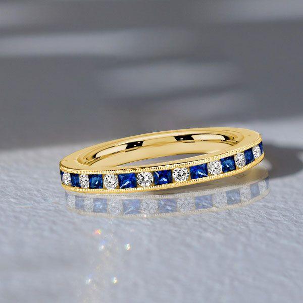 Princess Cut Blue & White Simulated Diamond Milgrain Half Eternity Band in 18K Gold Plated Sterling Silver