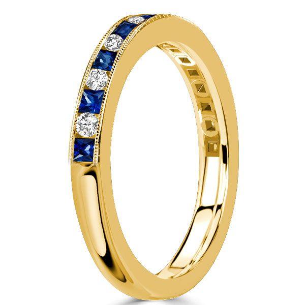 Princess Cut Blue & White Simulated Diamond Milgrain Half Eternity Band in 18K Gold Plated Sterling Silver