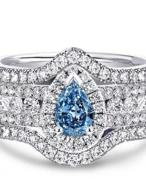 Halo Pear Cut Blue & White Sapphire 925 Silver 3-Piece Wedding Ring Set