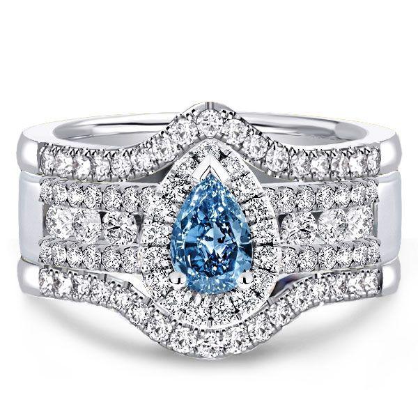Halo Pear Cut Blue & White Sapphire 925 Silver 3-Piece Wedding Ring Set