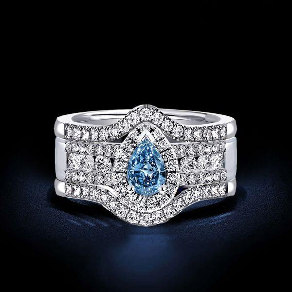 Halo Pear Cut Blue & White Sapphire 925 Silver 3-Piece Wedding Ring Set