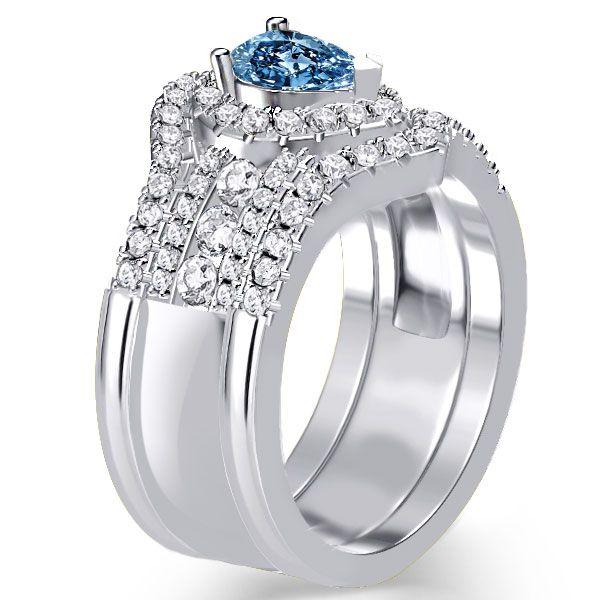 Halo Pear Cut Blue & White Sapphire 925 Silver 3-Piece Wedding Ring Set