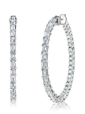 Sterling Silver Hoop Earrings with Baguette and Round White Sapphire Stones for Women