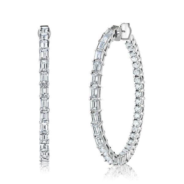 Sterling Silver Hoop Earrings with Baguette and Round White Sapphire Stones for Women