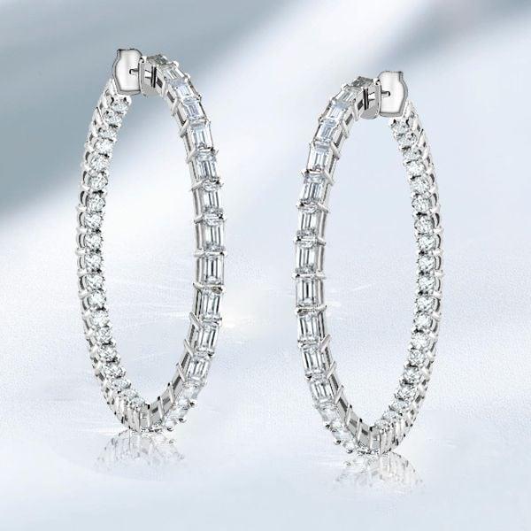 Sterling Silver Hoop Earrings with Baguette and Round White Sapphire Stones for Women