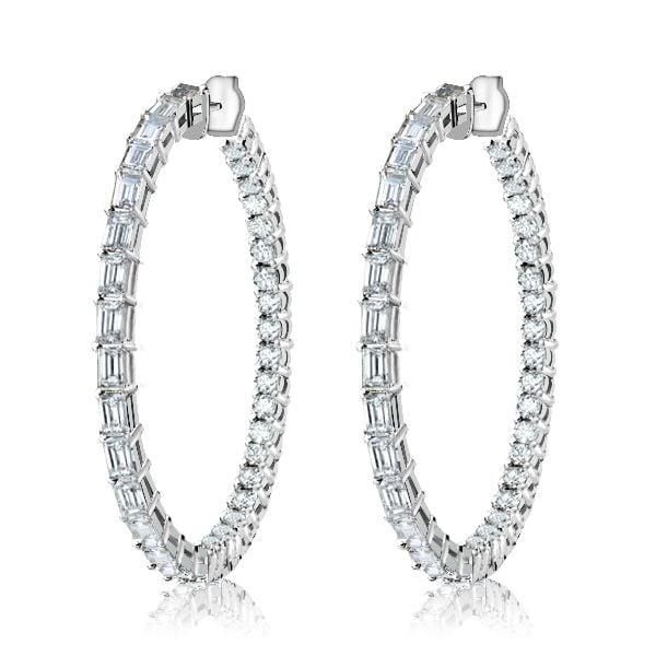 Sterling Silver Hoop Earrings with Baguette and Round White Sapphire Stones for Women