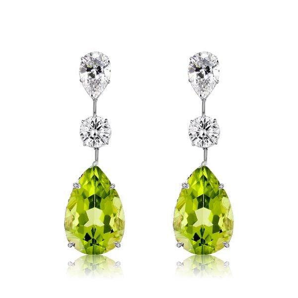 Sterling Silver Pear Cut Peridot Drop Earrings for Women with Rhodium Finish