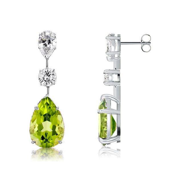 Sterling Silver Pear Cut Peridot Drop Earrings for Women with Rhodium Finish