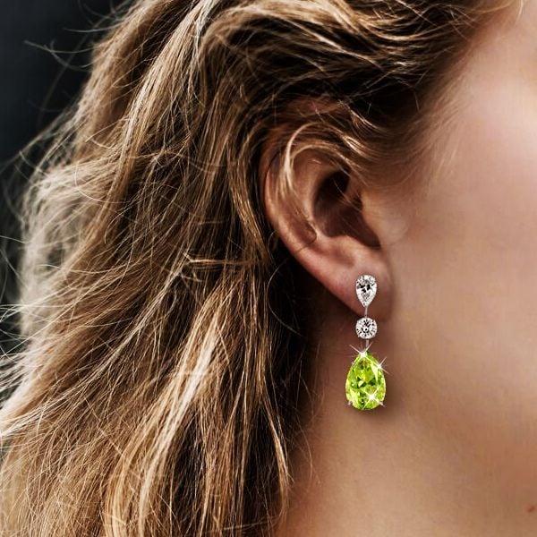 Sterling Silver Pear Cut Peridot Drop Earrings for Women with Rhodium Finish
