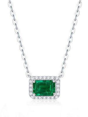 Emerald Halo Pendant Necklace - 925 Sterling Silver - 17-22 Inch Chain