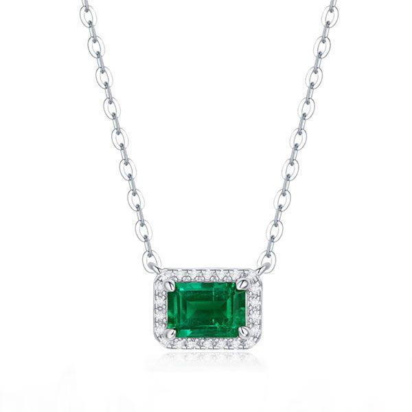 Emerald Halo Pendant Necklace - 925 Sterling Silver - 17-22 Inch Chain