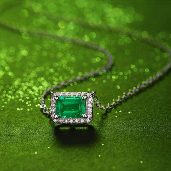 Emerald Halo Pendant Necklace - 925 Sterling Silver - 17-22 Inch Chain