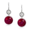 Milgrain Round Cut Ruby Drop Earrings in Sterling Silver with Rhodium Finish