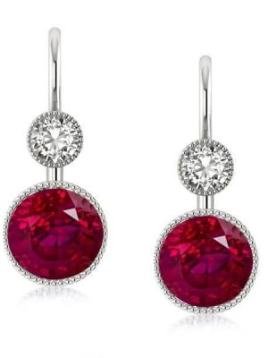 Milgrain Round Cut Ruby Drop Earrings in Sterling Silver with Rhodium Finish